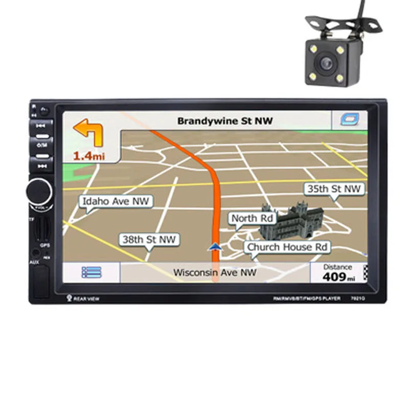 

7021G Car MP5 Player 7'' HD 2 Din Touch Screen BT Mirror Link GPS Navigation FM/AUX-IN Audio Radio+RearView Camera with Map Card