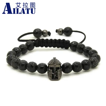 

Ailatu 10pcs/lot 8mm Natural Faceted Black Onyx Beads with Micro Paved Black Zircons Helmet Spartan Braided Mens Cz Bracelets