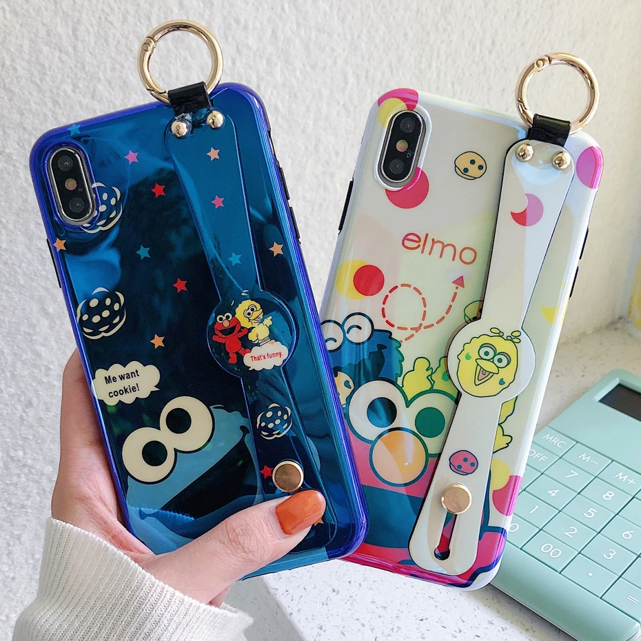 

Cartoon Phone Case for iPhone X XS Max XR Sesame Street Blue Ray Cute Anime Wrist Strap Stand Cover for iPhone 8 7 6S 6 Plus