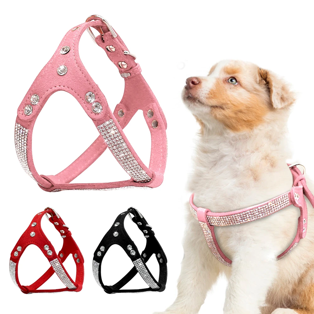 Harnais En Cuir Suede Doux Pour Chiot Gilet De Strass Pour Chat Mascottes Pour Petits Et Moyens Chiots Rose Chihuahua Aliexpress