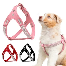 Couro de camurça macia filhote de cachorro cachorro arnês strass pet cat vest maschas cachorro arnês para pequenos cães médios chihuahua rosa