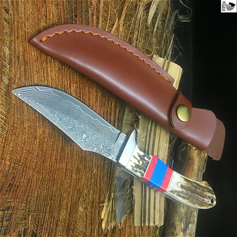 Волшебное поле пик Дамасская сталь прямой нож Олень Рог + пять цветов камень