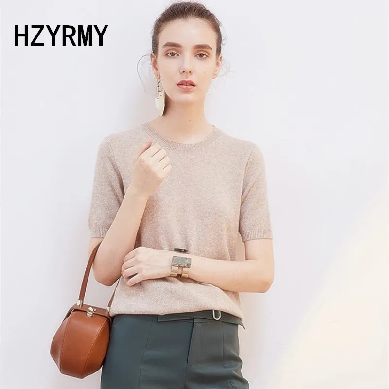 HZYRMY Spring Summer New Women's Wool knit half-sleeve bottoming shirt O-collar Solid color Loose Fashion soft Cashmere pullover
