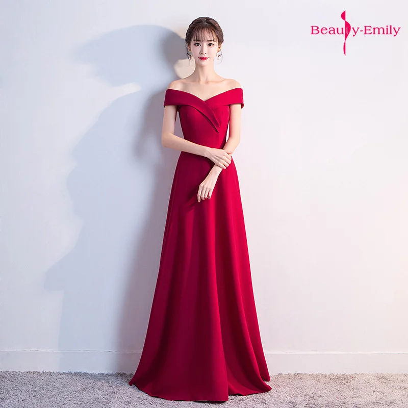 

Beauty Emily Red Off the Shoulder Evening Dresses For Wedding Satin Sleeveless 2019 Pleated Party Dress Open Back robe de soiree