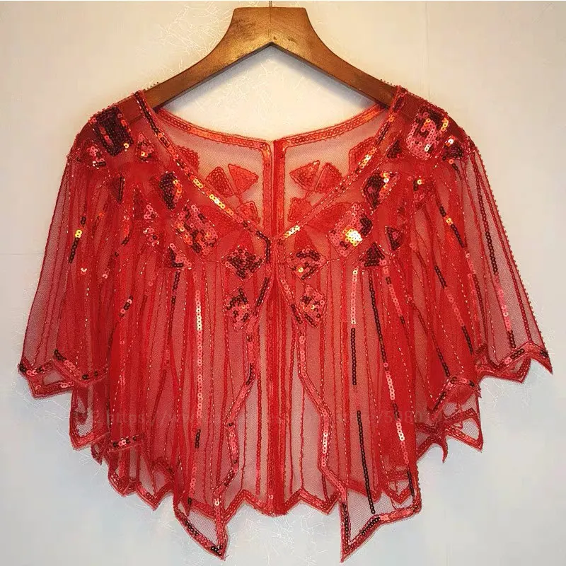 red shawl Женская винтажная накидка с блестками и бусинами, вечернее платье, женская Пляжная накидка, Солнцезащитная Короткая шаль, пальто, лето, 20 s - Цвет: red shawl