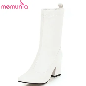 

MEMUNIA 2020 new arrival ankle boots women square toe high heels boots slip on solid colors autumn winter boots shoes woman