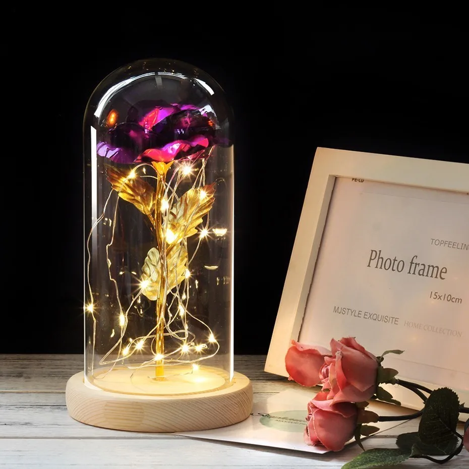  Rose In Flask Night Lamp Luminaria Lampara Red Rose With Led Light In Glass Dome For Wedding Party  - 33047718869