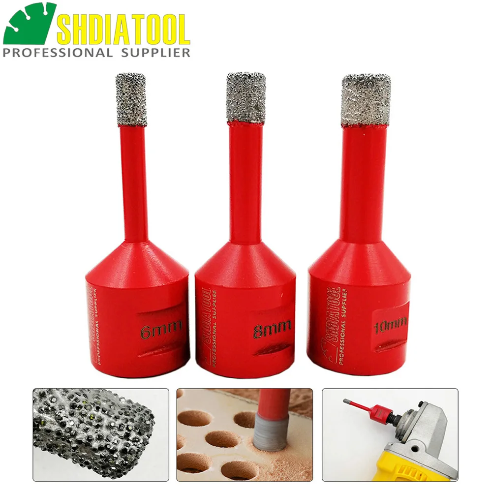 SHDIATOOL 3pcs/set 6+8+10mm M14 Vacuum Brazed Diamond Drilling Core Bits Dry Drilling Bits Hole Saw Diamond Drill Bit Stone