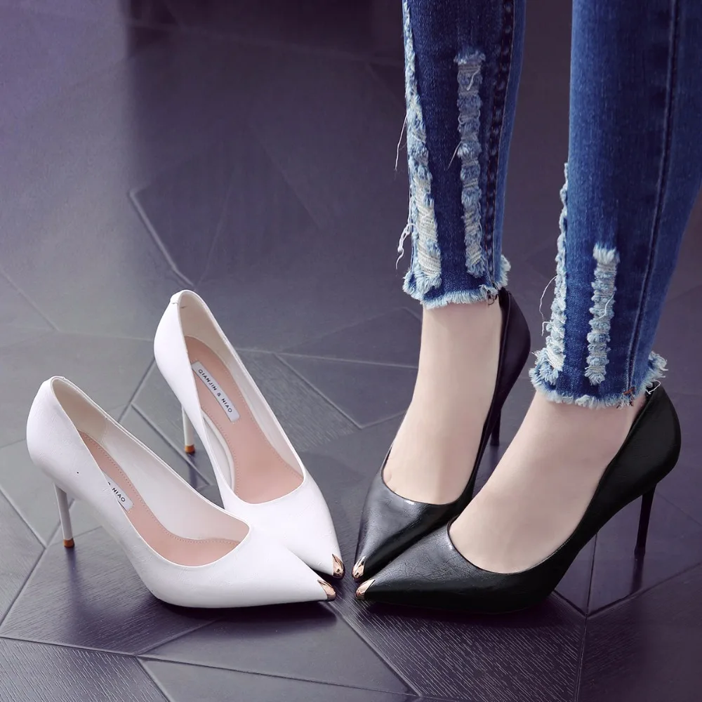

Black high heel women professional fine high heel pointed shoes white wild party shoes 2019 new.