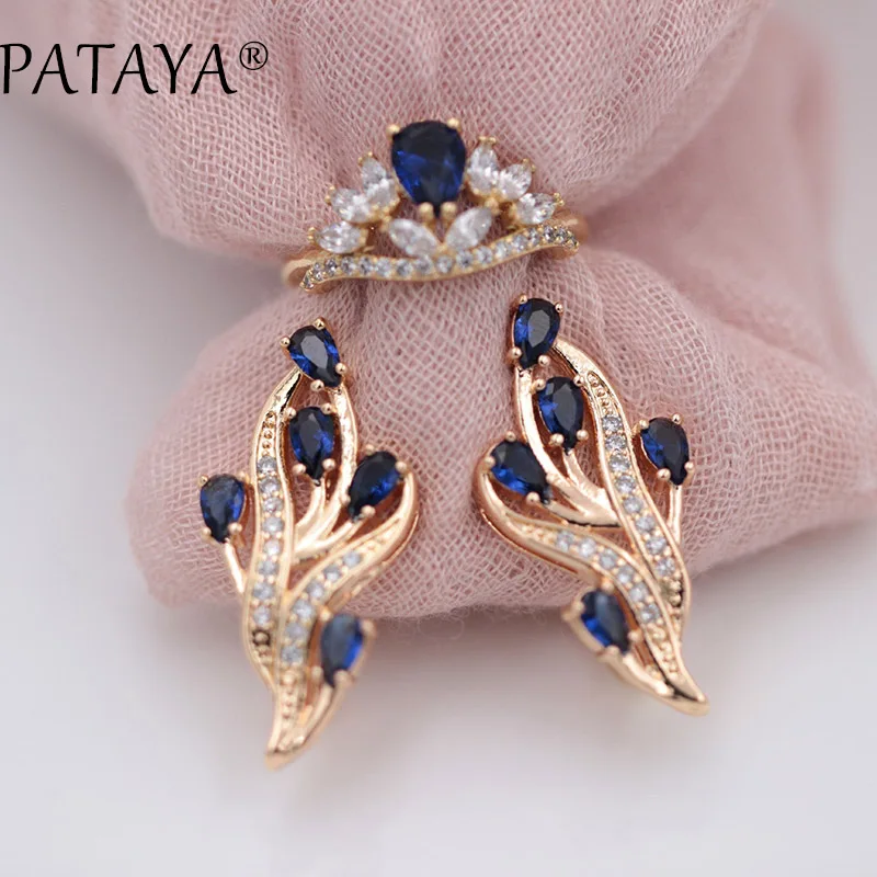

PATAYA New 585 Rose Gold Original Design Women Luxury Jewelry Dark Blue Water Drop Leaf Natural Zircon Earrings Rings Sets