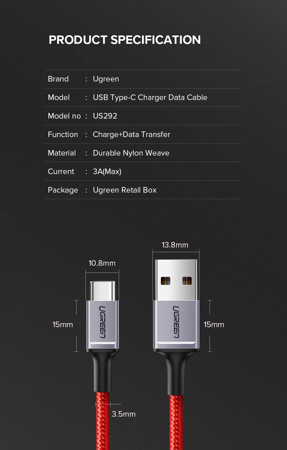 Ugreen usb type-C кабель для samsung Galaxy S10 S9 кабель для мобильного телефона быстрый USB C кабель для зарядки и передачи данных для Xiaomi Mi8 type-C USB шнур