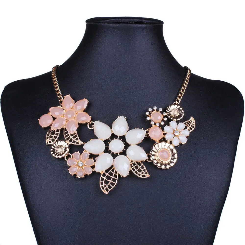 Luxury Pink Flower Choker Bib Statement Necklace Collar Chain Necklace