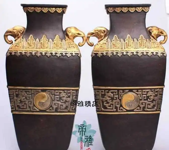 

China Folk Copper 24K Gold Gild Silver Elephant Ear Tai Chi Pot Bottle Vase Pair