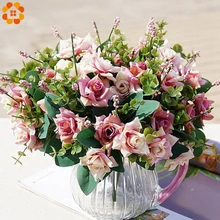 1 букет шелковые искусственные цветы Винтажные розы искусственные букеты зеленые листья для домашних ВАЗ украшения свадебной вечеринки