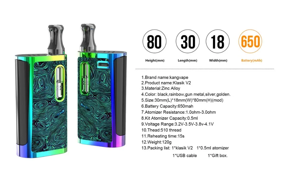 Испаритель 650 мАч Kangvape Klasik V2 коробка мод Vape комплект с 0,5 мл распылитель 510 нить электронная сигарета Vape ручка