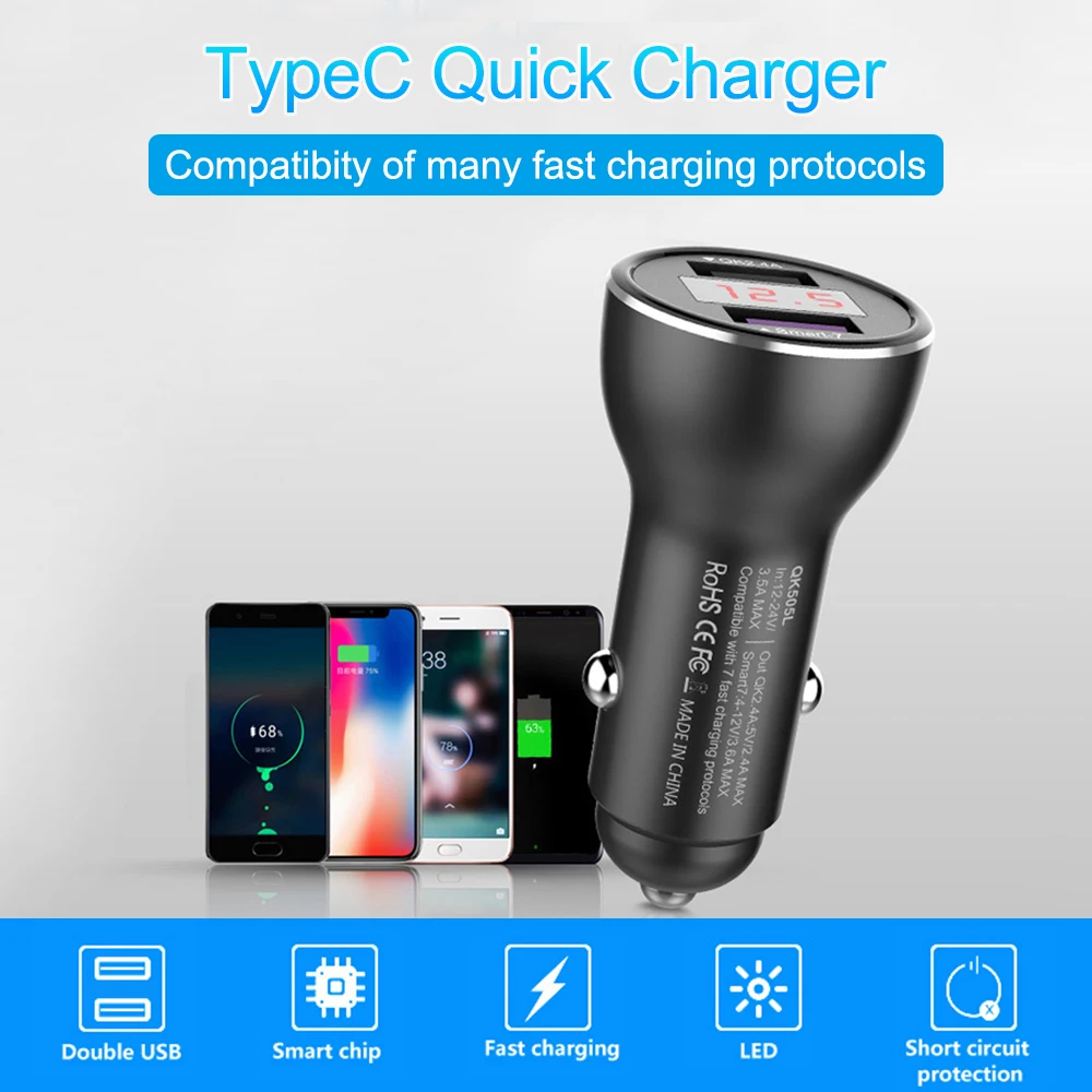 

Digital display SuperCharge vehicle Charger Dual USB FCP QC3.0 Quick Charger Adapter for HUAWEI P10 Plus Mate9/10 Pro Honor 8