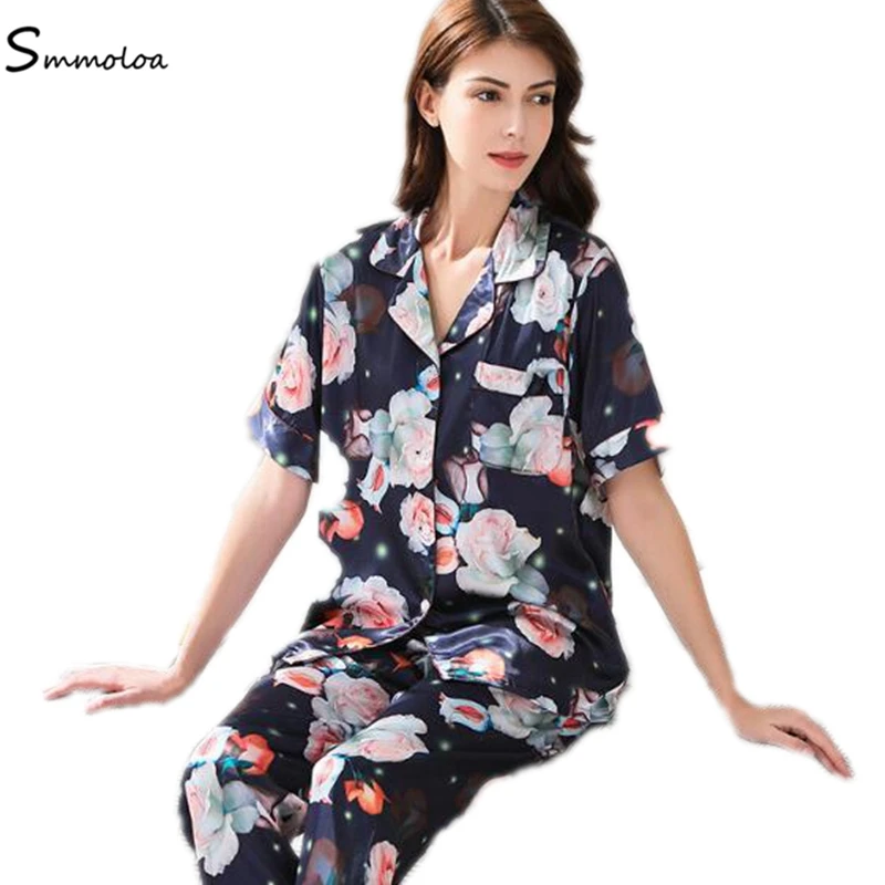 

Smmoloa Silk Satin Pyjama Sets Summer Sexy Floral Print Silk Sleepwear