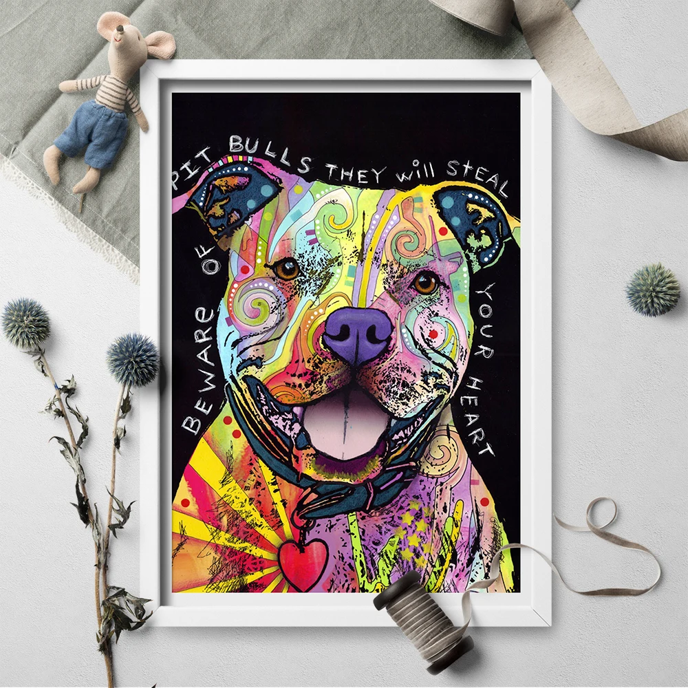 Colorful Beware Of Pit Bulls Art Print Canvas Painting Poster Print