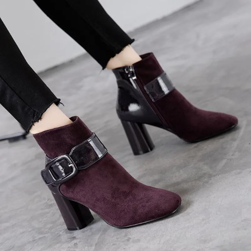 

Winter plus cotton ankle boots belt buckle high heel women's shoes purple black Crude heel booties martin boots Female boty