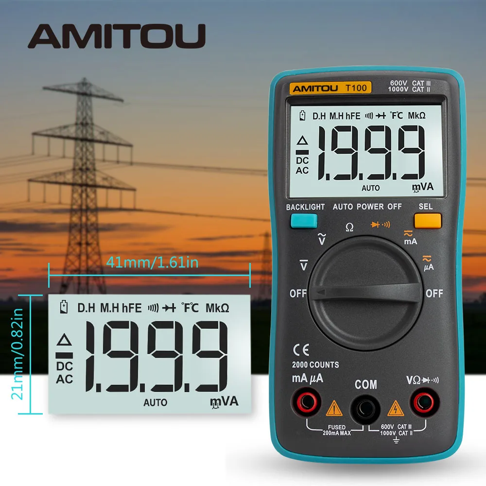 

AMITOU T100 Digital Multimeter Auto Ranging AC/DC Voltmeter Ohmmeter LCD backlight Resistance detection capacitance measurement