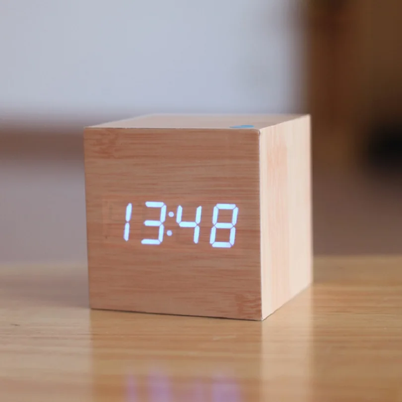 

OUYUN Wooden Alarm Clock Voice Activated LED Digital Electronic Desktop Table Clock Funny Calendar Clock Face Office Electronic