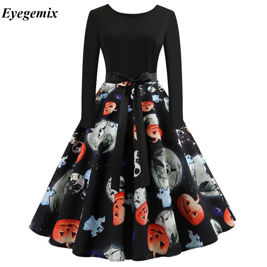 

Womens Ladies O Neck Halloween Skull Long Sleeve Party Dress Print Winter Women Dresses Vintage A-line Autumn Girl Clothing