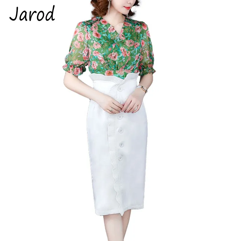 

Runway Designer 2 Piece Set Women 2019 Fashion Lady Summer OL chiffon print Floral shirt Top+white Ruffles Pencil Skirt Sets