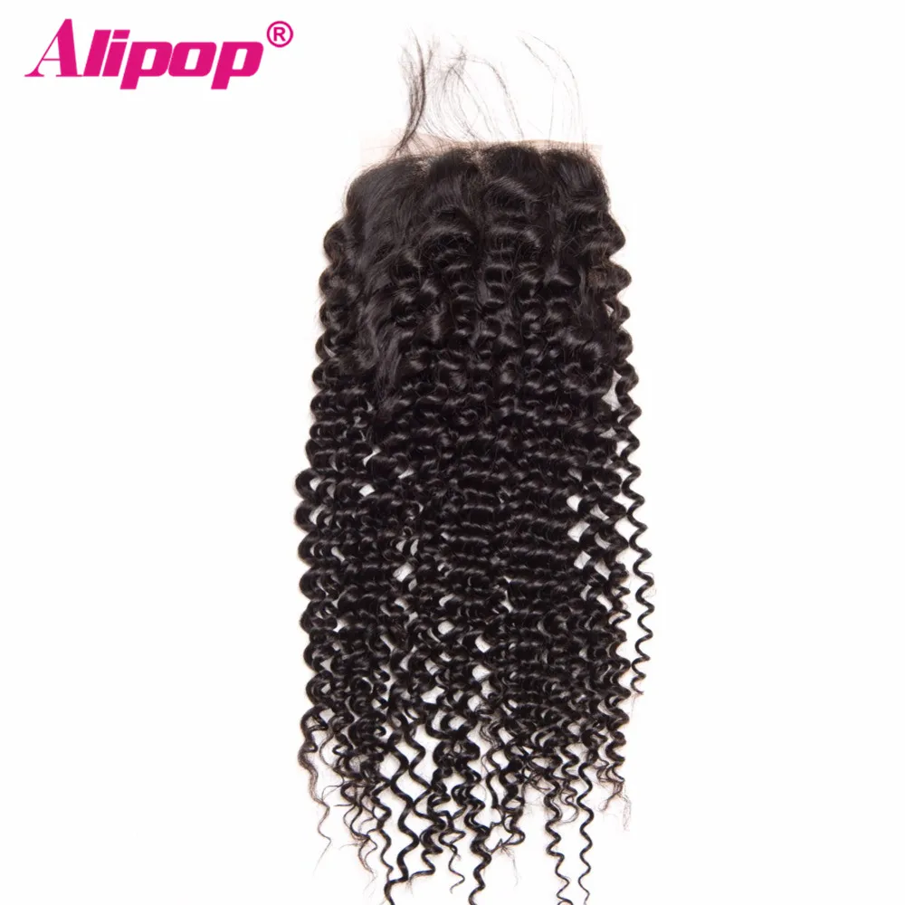 

ALIPOP Brazilian Kinky Curly Lace Closure With Baby Hair Remy Hair ExtensionS 8"-24" Swiss Lace Human Hair Closure 4*4 Size