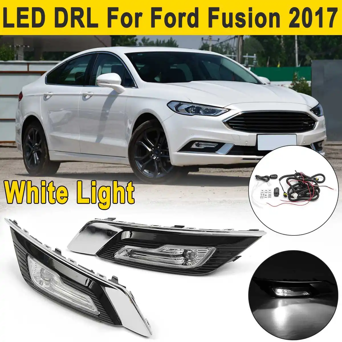 

2Pcs LED DRL Daytime Running Lights Lamps Turn Signal Fog Lights with Wire for Ford for Fusion 2017+ Driving Lights