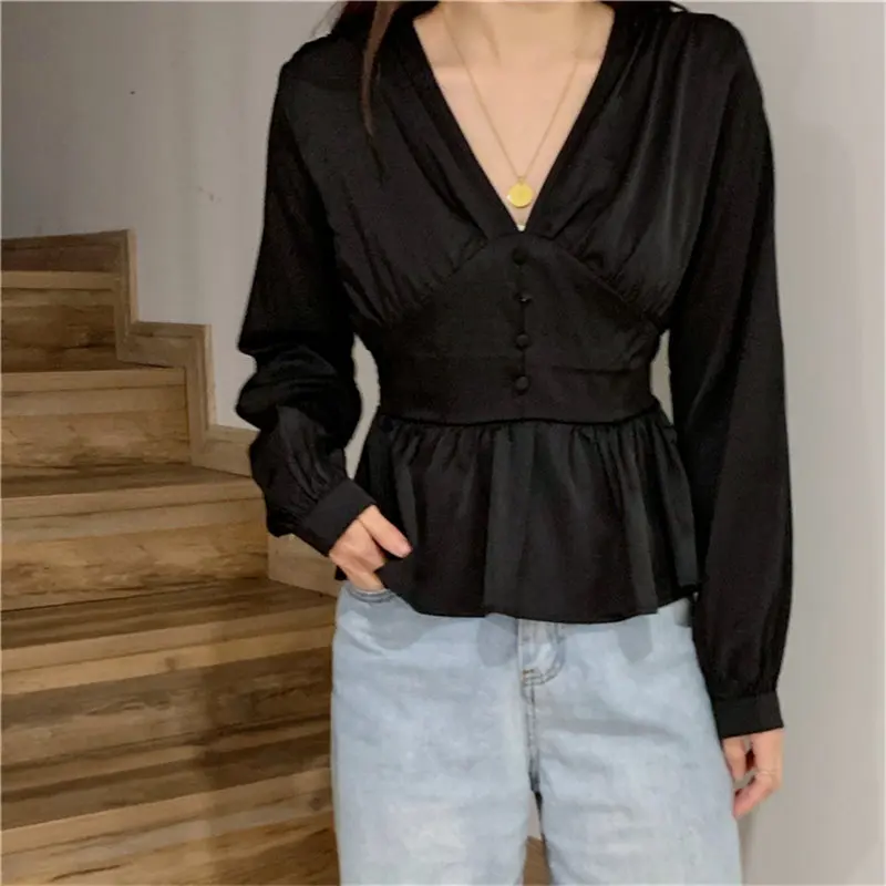 Hzirip كوريا 2019 الصيف الحلو فضفاض عارضة الصلبة الكشكشة الإناث قصر نمط طويلة الأكمام الخامس الرقبة الطازجة الأزياء قمصان 4 ألوان