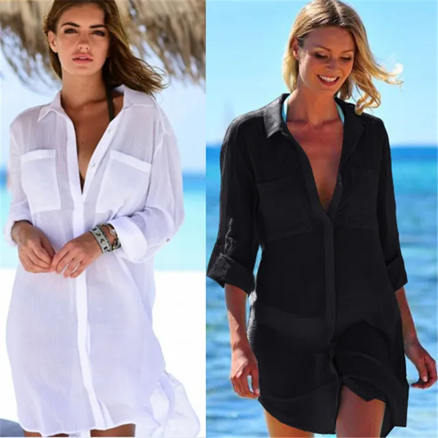 Best Offers NODELAY 2018 New Women Button Bikini Cover up Pockets Shirt Beachwear Pareo V-shape Collar Cover-up Loose Holiday Beach Dress