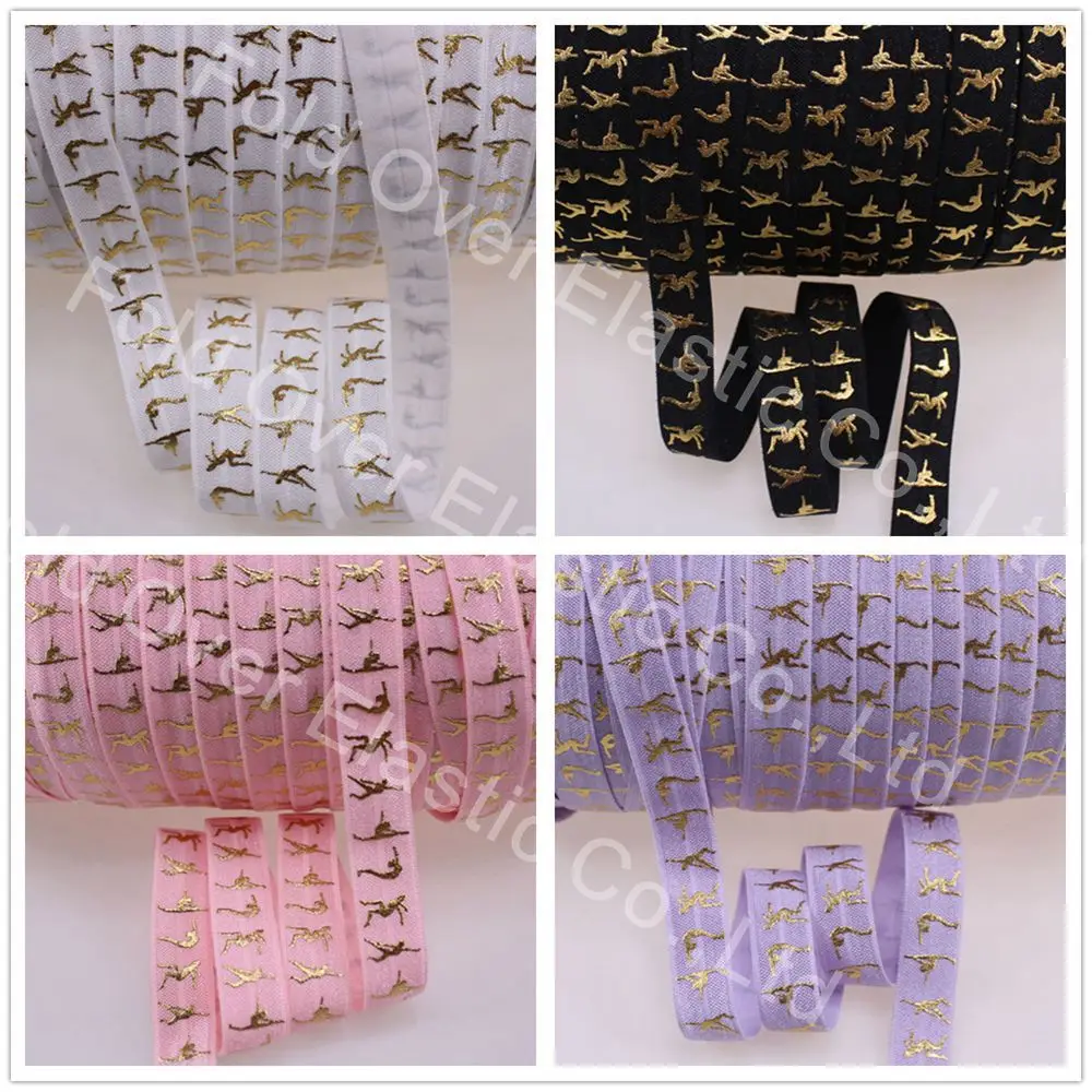 

4 colors gold foil gymnast Printed foe elastic 5/8" fold over elastic 50 yards per lot