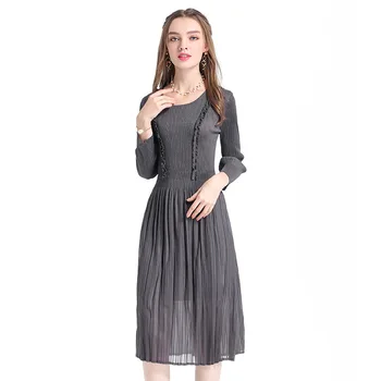 

The New Vertical Pleated Lace Slim Fashion Vintage A-line Knee-length O-neck Spring Women's Dress