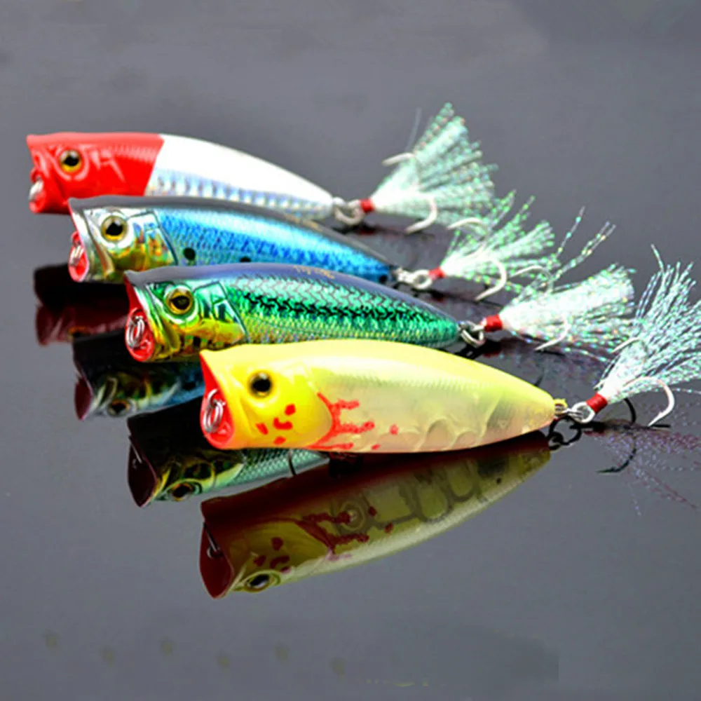 4PCS Fishing topwater Popper lure Feather hook suspending baits 7cm/14g