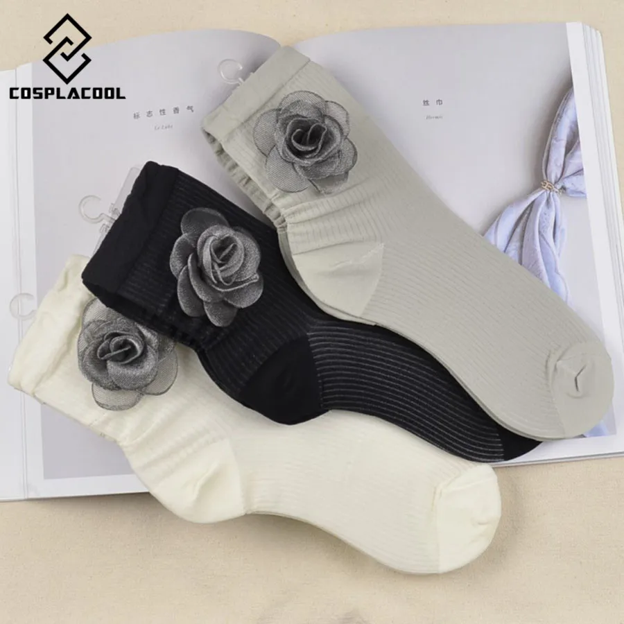 [COSPLACOOL]Fashion Brand Europe Hand-made Flowers Shining Silver Lace Heap Heap Socks Women/Students Socks Meias Calcetines
