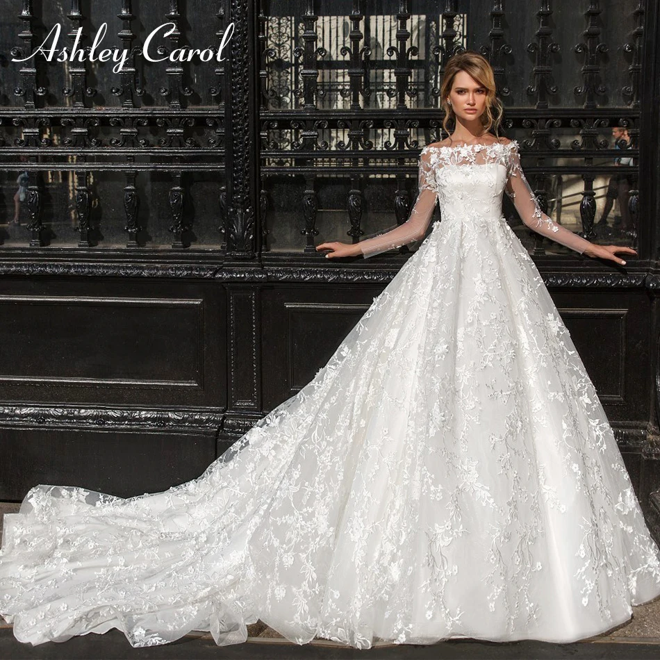 

Ashley Carol Sexy Boat Neck Long Sleeve Backless Princess Wedding Dress 2019 Illusion Back Chapel Train Appliques Wedding Gowns