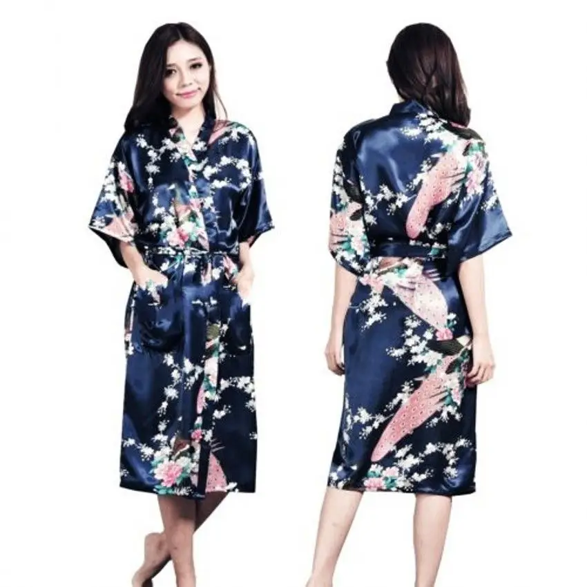 Шелковый халат женский атласное кимоно; наряд для женщин халаты с цветочным принтом подружек невесты длинное кимоно халат невесты шелковый халат - Цвет: Dark blue