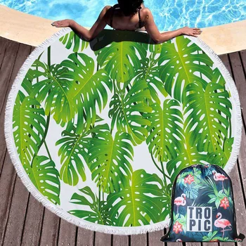 

Flower Summer Round Leaves Beach Towel with Drawstring Backpack Bag Microfiber Shower Towels Mat Bikini Cover Up with Tassels