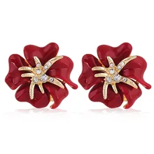 Модные роскошные женские серьги-гвоздики из эмали темно-красного цвета с розовым цветком, очаровательные Стразы в классическом стиле, свадебные ювелирные изделия