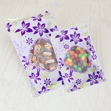 Цена фиолетовый цветочный принт Самоклеющиеся пластиковые пакеты для продуктов цветы закуски к чаю сушеные фрукты пакет для упаковки порошка 100 шт