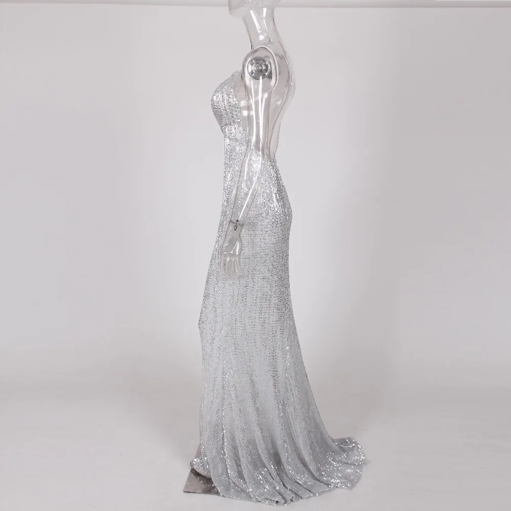 XL XXL сексуальные V-образный вырез Серебряный Платье с блестками платье русалки эластичныйплатье для вечеринкибез спинки длина пола безрукавный длинное платье