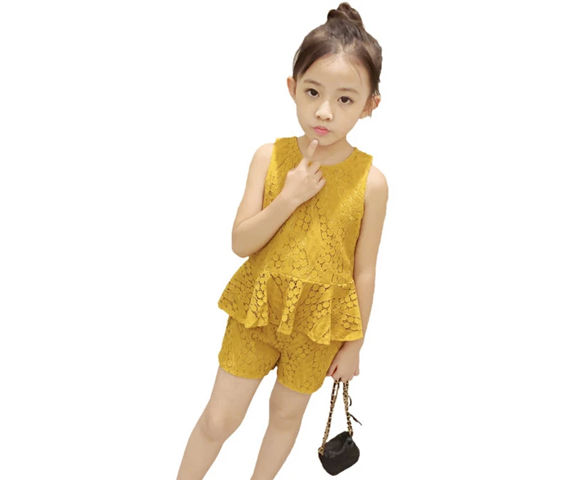 

Girls Clothing Sets 2019 Summer Cotton Vest Two-piece Sleeveless Children Sets Lace Casual Girls Clothes Yellow For 3-8Y CS103