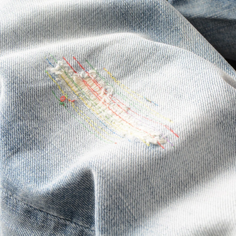 Italian Vintage Designer Men Jeans Light Blue White Wash Slim Fit Ripped Jeans Men Embroidery Patchwork 4