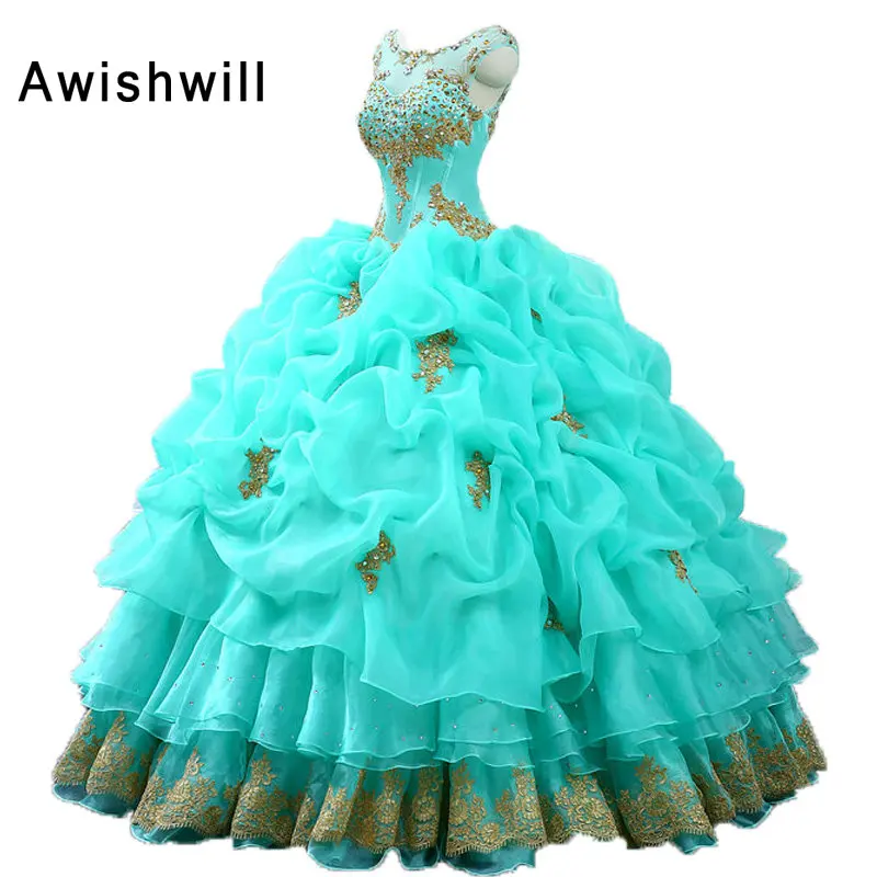 Бальное платье из органзы с кружевной аппликацией и бисером|quinceanera dresses|quinceanera