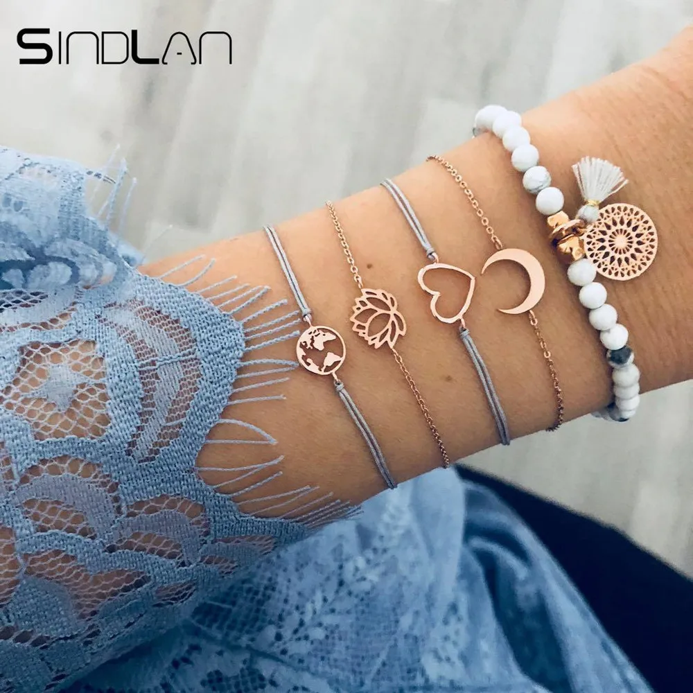 

Sindlan 5PCs Vintage Moon Lotus Charm Bracelets Set Gold Map Boho Bangles Bracelets for Women Wrist Beads Chain Hand Jewelry