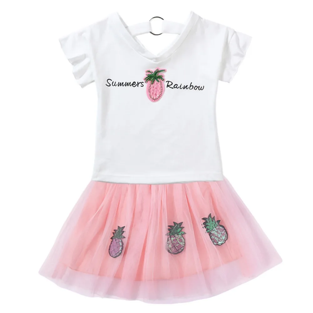 

Novelty Pineapple Pattern Girls Clothes Mesh Lace Girls Clothing Sets Cute Cotton Short Sleeve + Skirt Baby Girl Summer Clothes