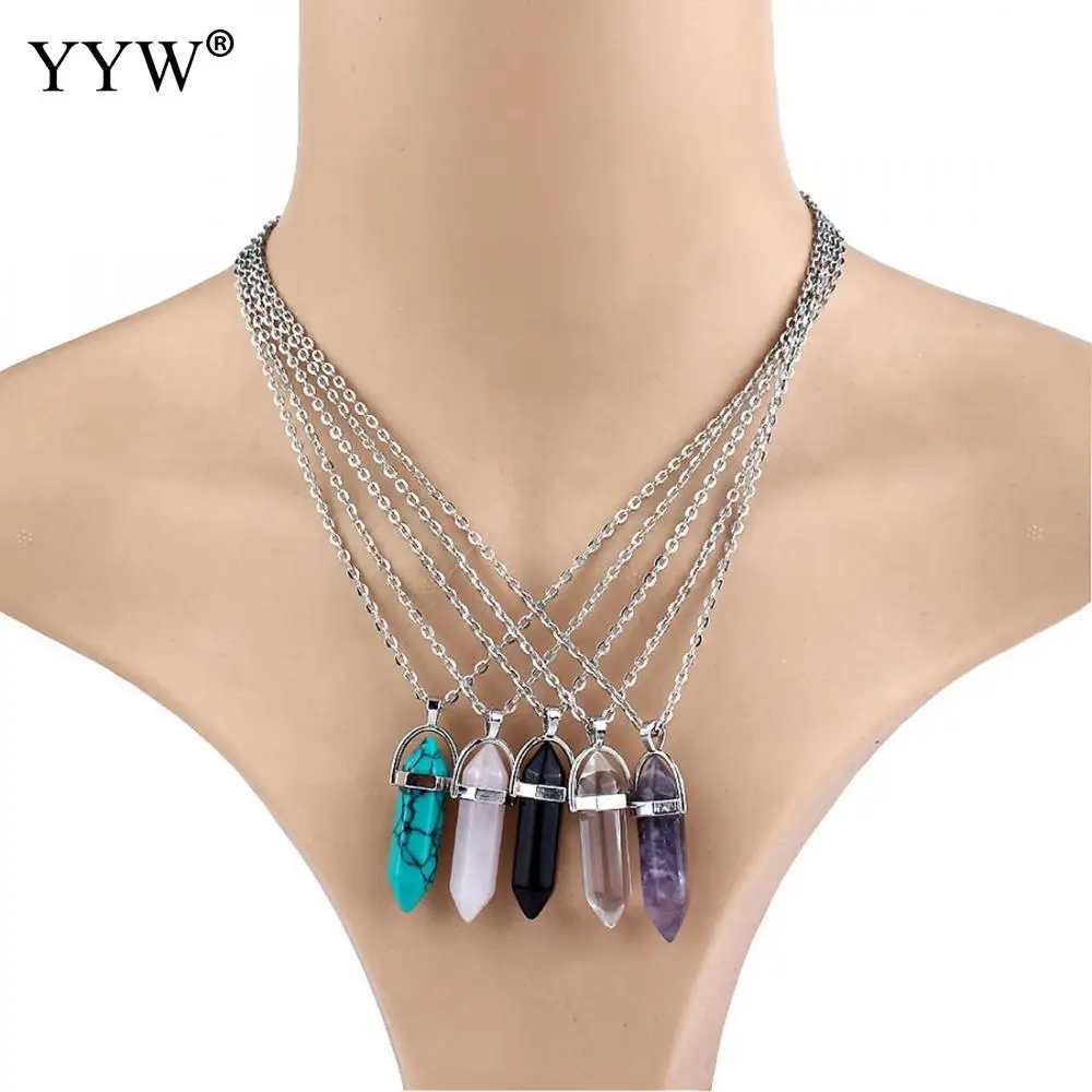 

2018 Fashion Natural Stone Jewelry Quartz Crystal Hexagon Pendulum Healing Purple Black White Chakra Pendant For Man Women