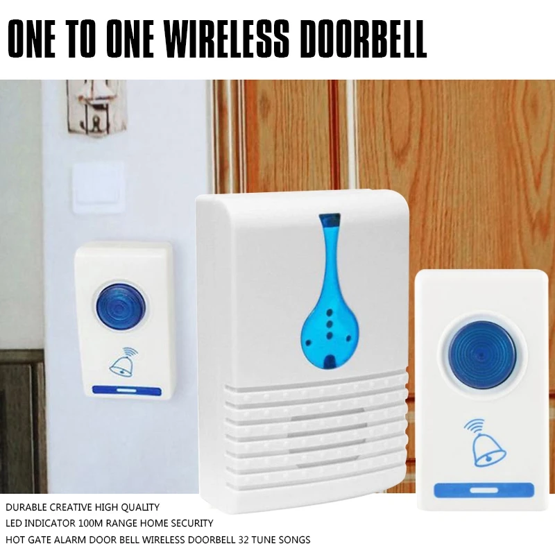 

Durable Creative High Quality LED Indicator 100M Range Home Security Hot Gate Alarm Door Bell Wireless Doorbell 32 Tune Songs