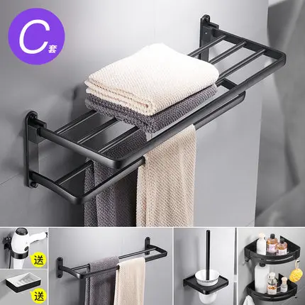 Луи Мода не перфорированный Европейский вешалка для полотенец для ванной пространство Алюминий Черный Подвеска для туалета набор - Цвет: Set meal C