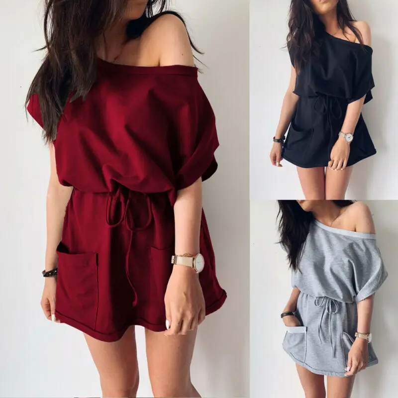 

Women Mini Dress 2019 Summer Casual Short Sleeve One Shoulder Dress Sexy High Waist Solid Plain Shirt Dress Short